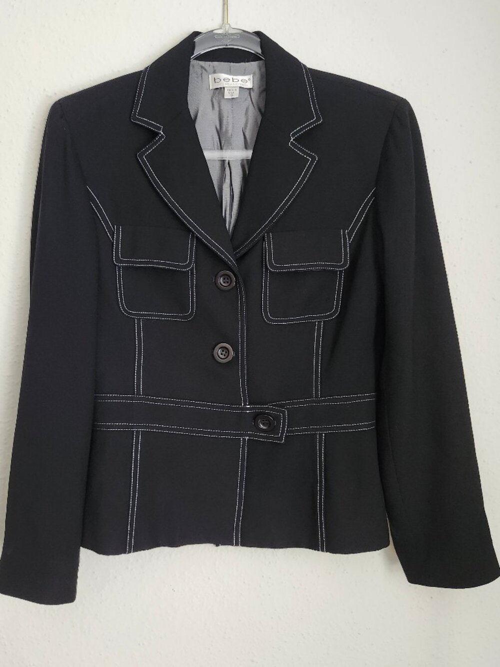 Vintage BEBE 90s Y2K Black Fitted Blazer White Topstiching Made in USA Size 10